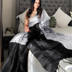 SAREEN Silver & Black Bicolor Raga Tissue Saree – Timeless Luxe Edit