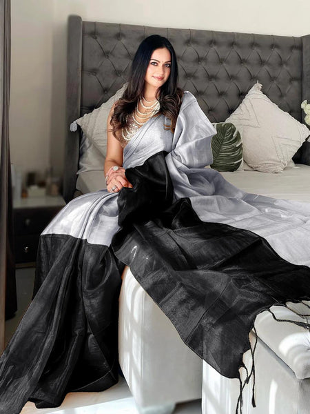 SAREEN Silver & Black Bicolor Raga Tissue Saree – Timeless Luxe Edit