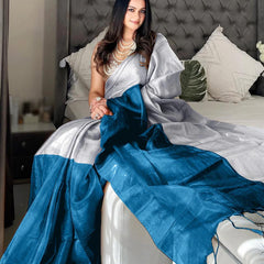 SAREEN Silver & Teal Bicolor Raga Tissue Saree – Elegant Festive Luxe