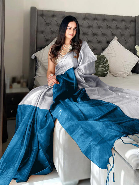 SAREEN Silver & Teal Bicolor Raga Tissue Saree – Elegant Festive Luxe