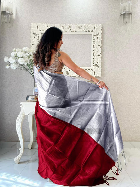 SAREEN Silver & Red Bicolor Raga Tissue Saree – Royal Festive Luxe