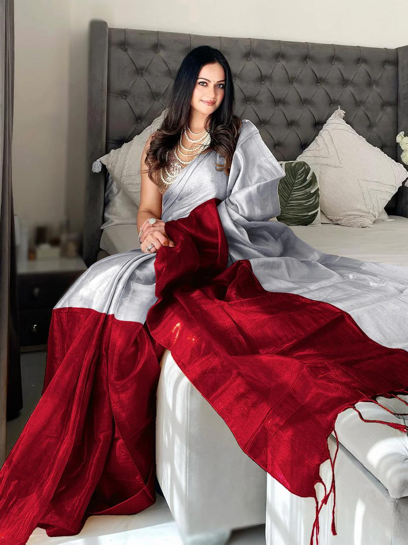 SAREEN Silver & Red Bicolor Raga Tissue Saree – Royal Festive Luxe