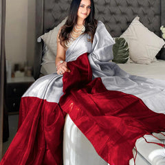 SAREEN Silver & Red Bicolor Raga Tissue Saree – Royal Festive Luxe