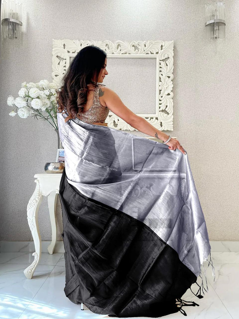 SAREEN Silver & Black Bicolor Raga Tissue Saree – Timeless Luxe Edit