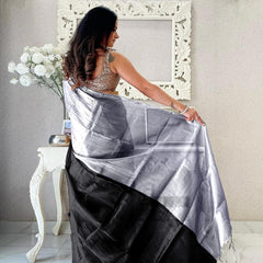 SAREEN Silver & Black Bicolor Raga Tissue Saree – Timeless Luxe Edit
