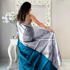 SAREEN Silver & Teal Bicolor Raga Tissue Saree – Elegant Festive Luxe