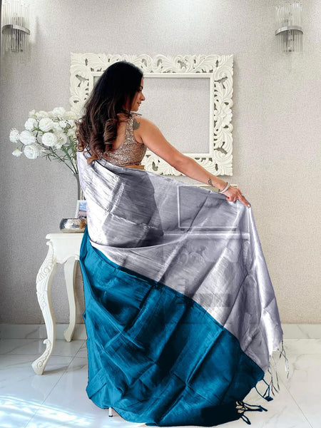 SAREEN Silver & Teal Bicolor Raga Tissue Saree – Elegant Festive Luxe