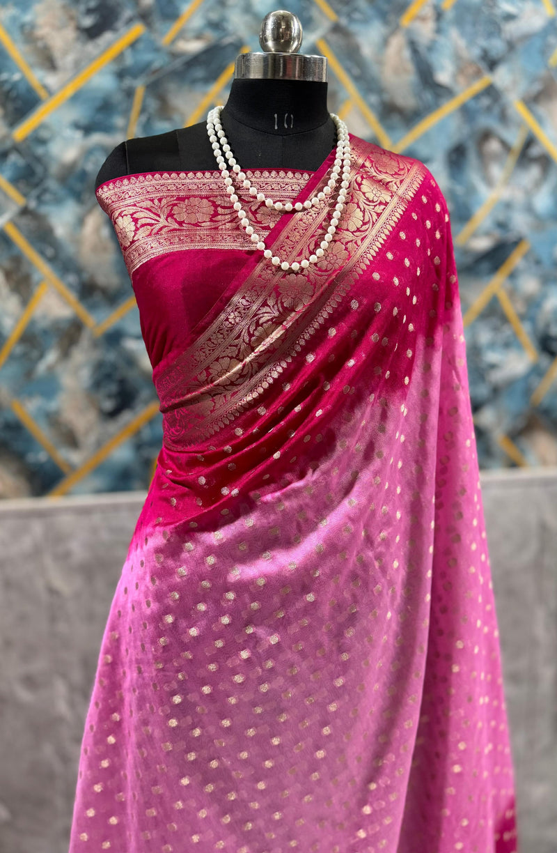 SAREEN Rani Pink Georgette Silk Saree with Gold Zari Buti & Rich Banarasi Border