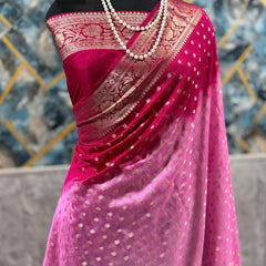 SAREEN Rani Pink Georgette Silk Saree with Gold Zari Buti & Rich Banarasi Border