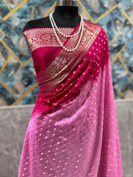 SAREEN Rani Pink Georgette Silk Saree with Gold Zari Buti & Rich Banarasi Border
