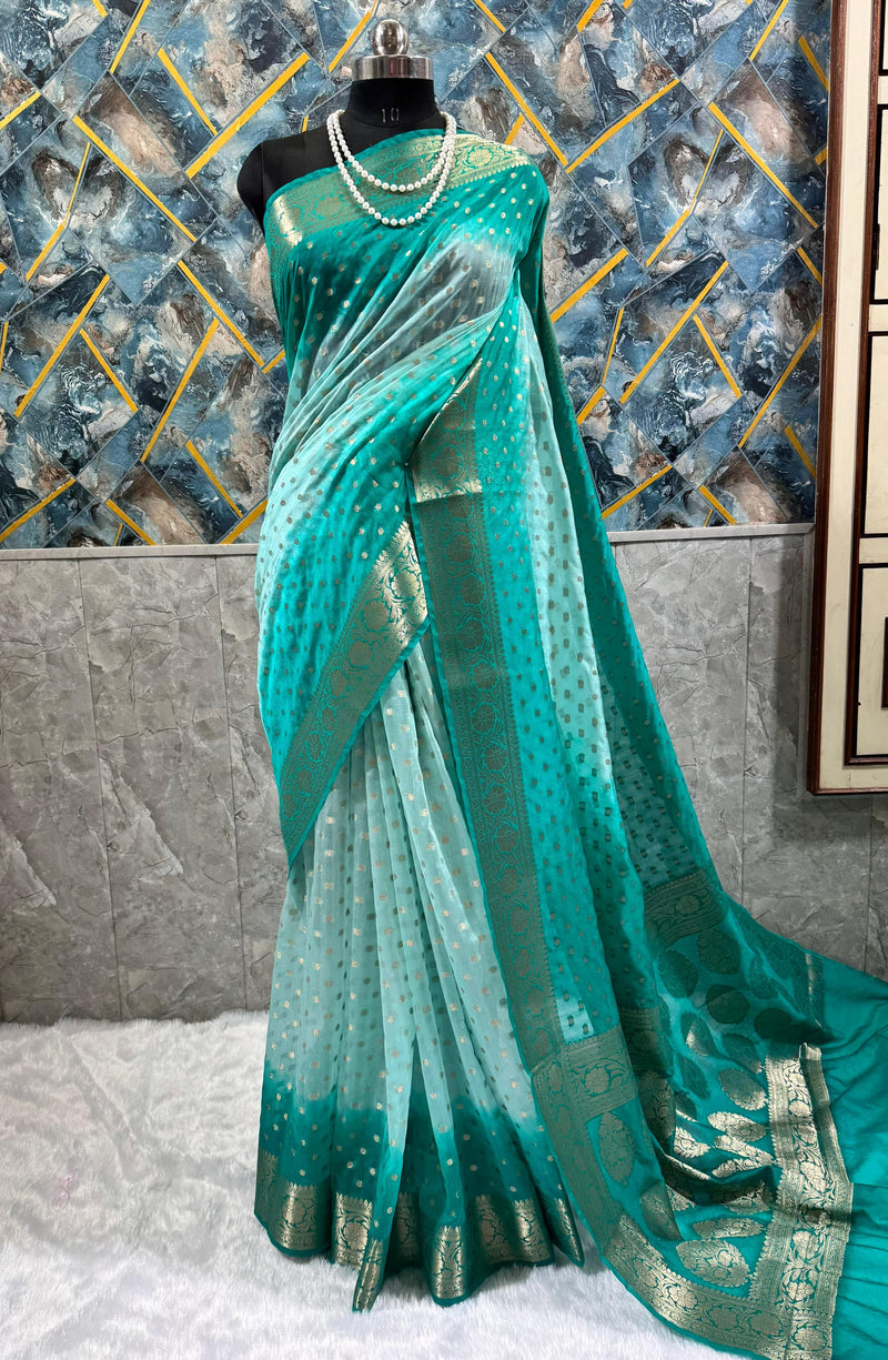 SAREEN Teal Ombre Georgette Silk Saree with Gold Zari Buti & Woven Border