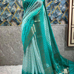 SAREEN Teal Ombre Georgette Silk Saree with Gold Zari Buti & Woven Border