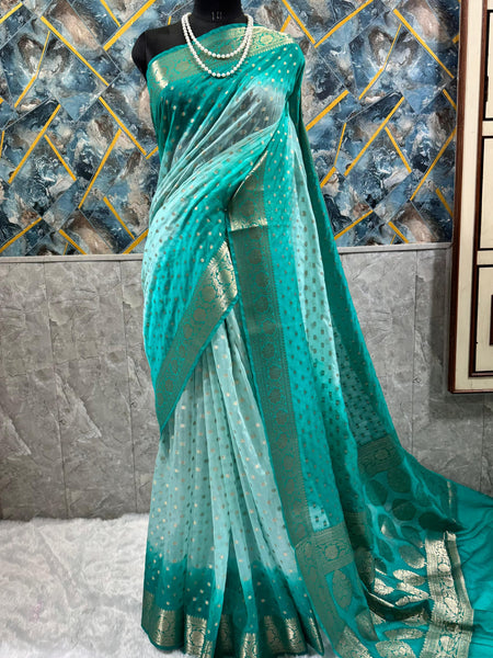 SAREEN Teal Ombre Georgette Silk Saree with Gold Zari Buti & Woven Border