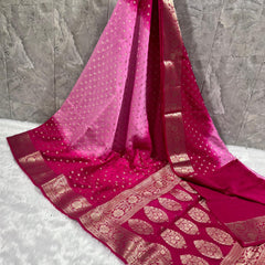 SAREEN Rani Pink Georgette Silk Saree with Gold Zari Buti & Rich Banarasi Border