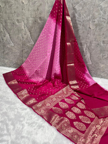 SAREEN Rani Pink Georgette Silk Saree with Gold Zari Buti & Rich Banarasi Border