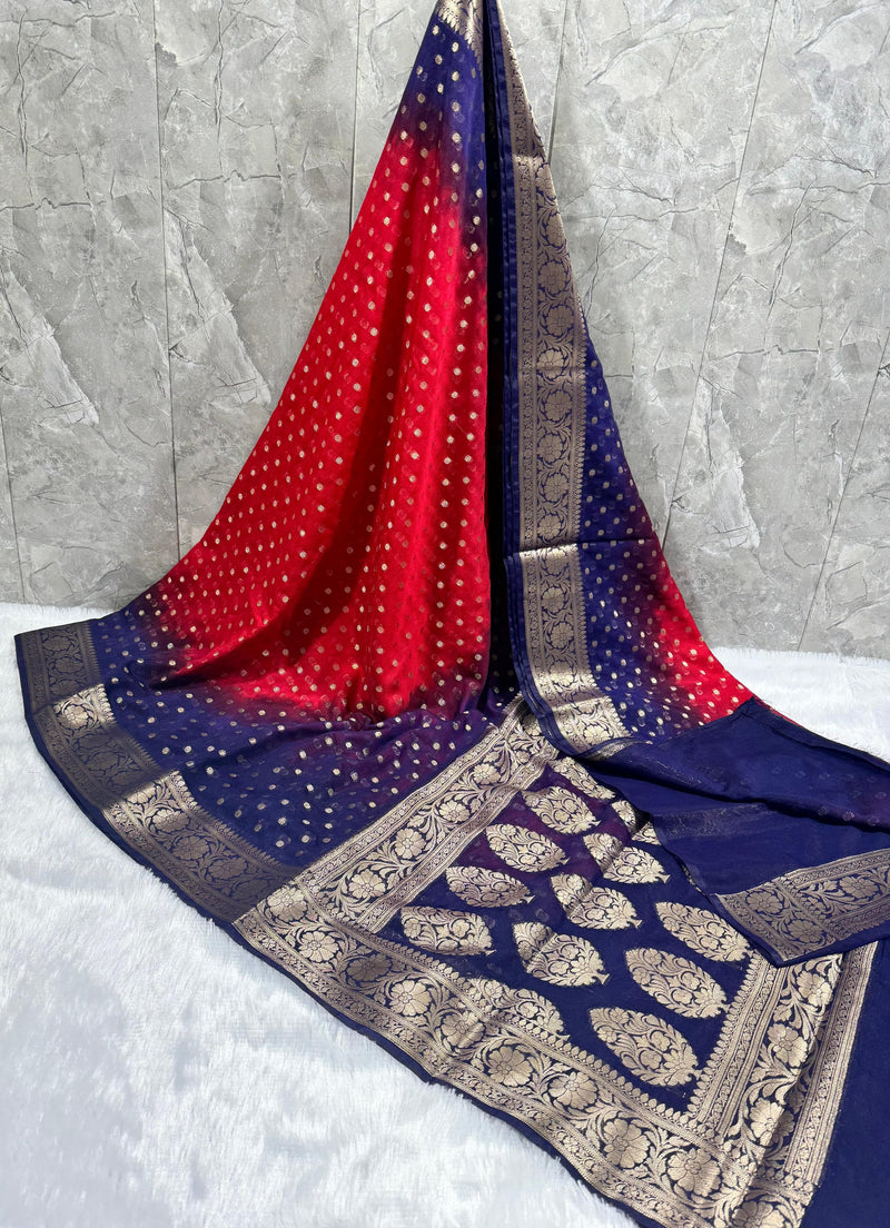 SAREEN Red & Royal Blue Georgette Silk Saree with Gold Zari Border & Butti Work