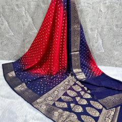 SAREEN Red & Royal Blue Georgette Silk Saree with Gold Zari Border & Butti Work
