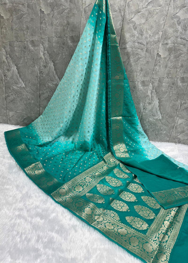 SAREEN Teal Ombre Georgette Silk Saree with Gold Zari Buti & Woven Border