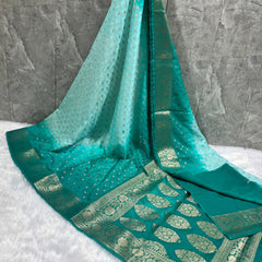 SAREEN Teal Ombre Georgette Silk Saree with Gold Zari Buti & Woven Border