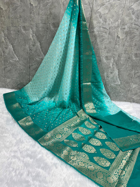 SAREEN Teal Ombre Georgette Silk Saree with Gold Zari Buti & Woven Border