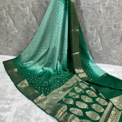 SAREEN Emerald Green Georgette Silk Saree with Gold Zari Border & Rich Pallu