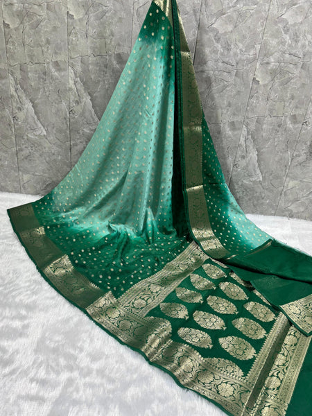 SAREEN Emerald Green Georgette Silk Saree with Gold Zari Border & Rich Pallu