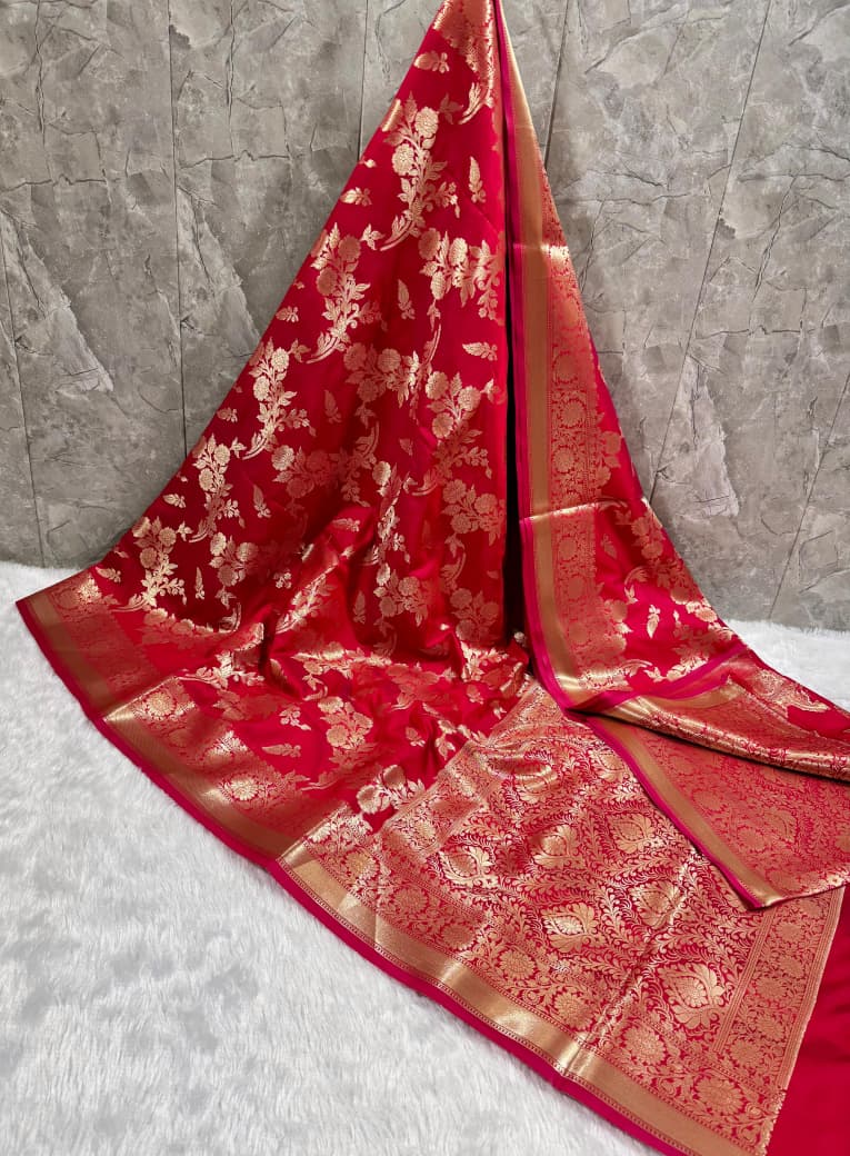 SAREEN Red Mashru Katan Silk Saree with Gold Floral Zari Weaving