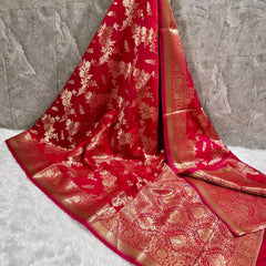SAREEN Red Mashru Katan Silk Saree with Gold Floral Zari Weaving