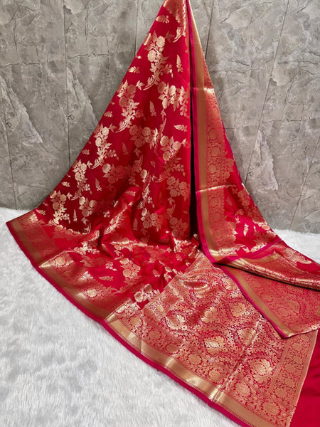SAREEN Red Mashru Katan Silk Saree with Gold Floral Zari Weaving