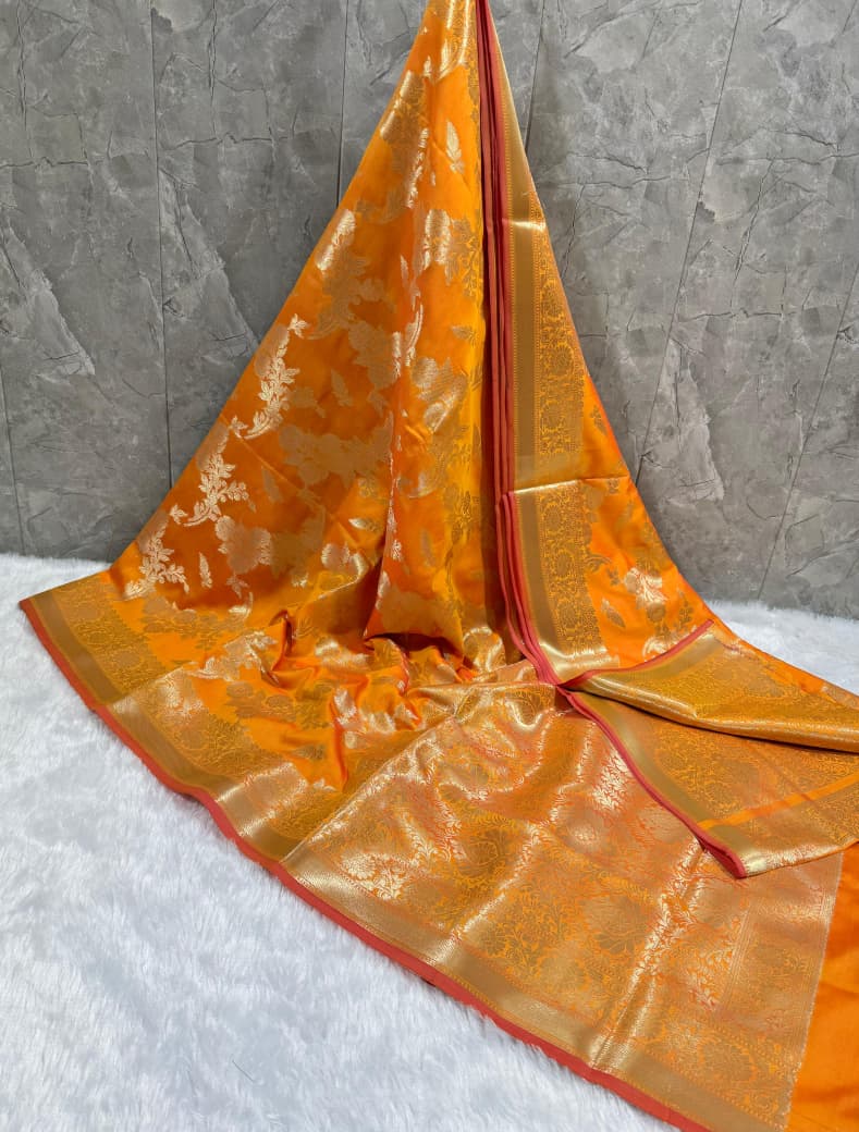 SAREEN Mustard Orange Banarasi Silk Saree with Gold Zari Work