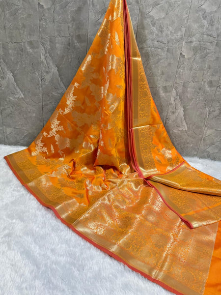 SAREEN Mustard Orange Banarasi Silk Saree with Gold Zari Work