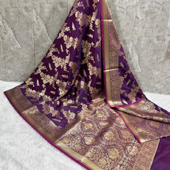 SAREEN Purple Mashru Katan Banarasi Saree with Gold Zari Floral Weaving