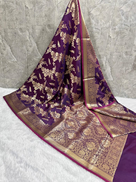 SAREEN Purple Mashru Katan Banarasi Saree with Gold Zari Floral Weaving
