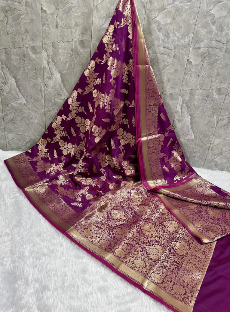 SAREEN Royal Purple Mashru Katan Banarasi Silk Saree with Heavy Zari Floral Weaving