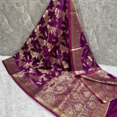 SAREEN Royal Purple Mashru Katan Banarasi Silk Saree with Heavy Zari Floral Weaving