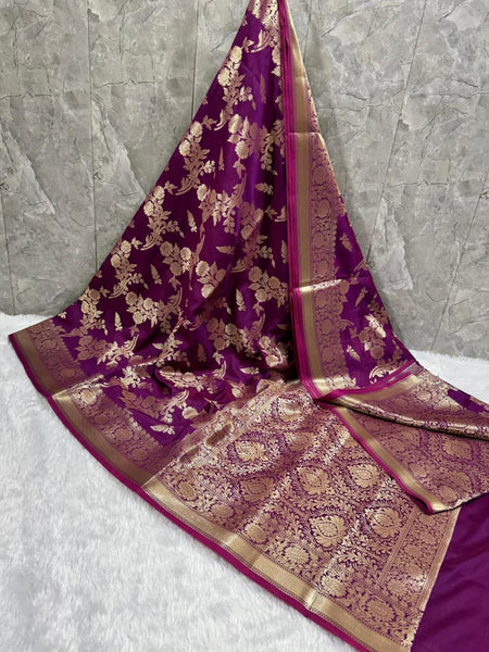 SAREEN Royal Purple Mashru Katan Banarasi Silk Saree with Heavy Zari Floral Weaving
