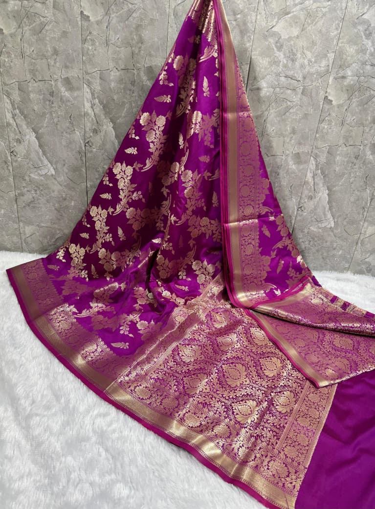 SAREEN Rani Pink Mashru Silk Banarasi Saree with Heavy Gold Zari Border