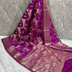 SAREEN Rani Pink Mashru Silk Banarasi Saree with Heavy Gold Zari Border