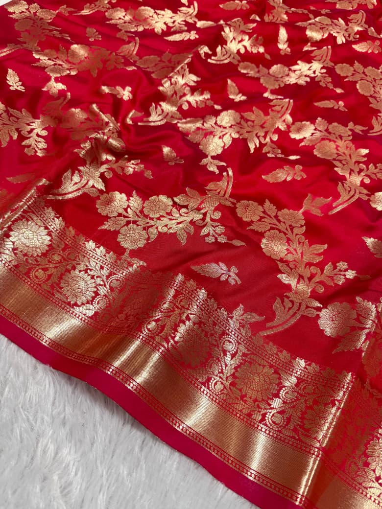 SAREEN Red Mashru Katan Silk Saree with Gold Floral Zari Weaving