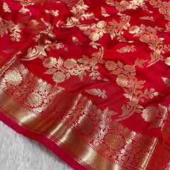SAREEN Red Mashru Katan Silk Saree with Gold Floral Zari Weaving