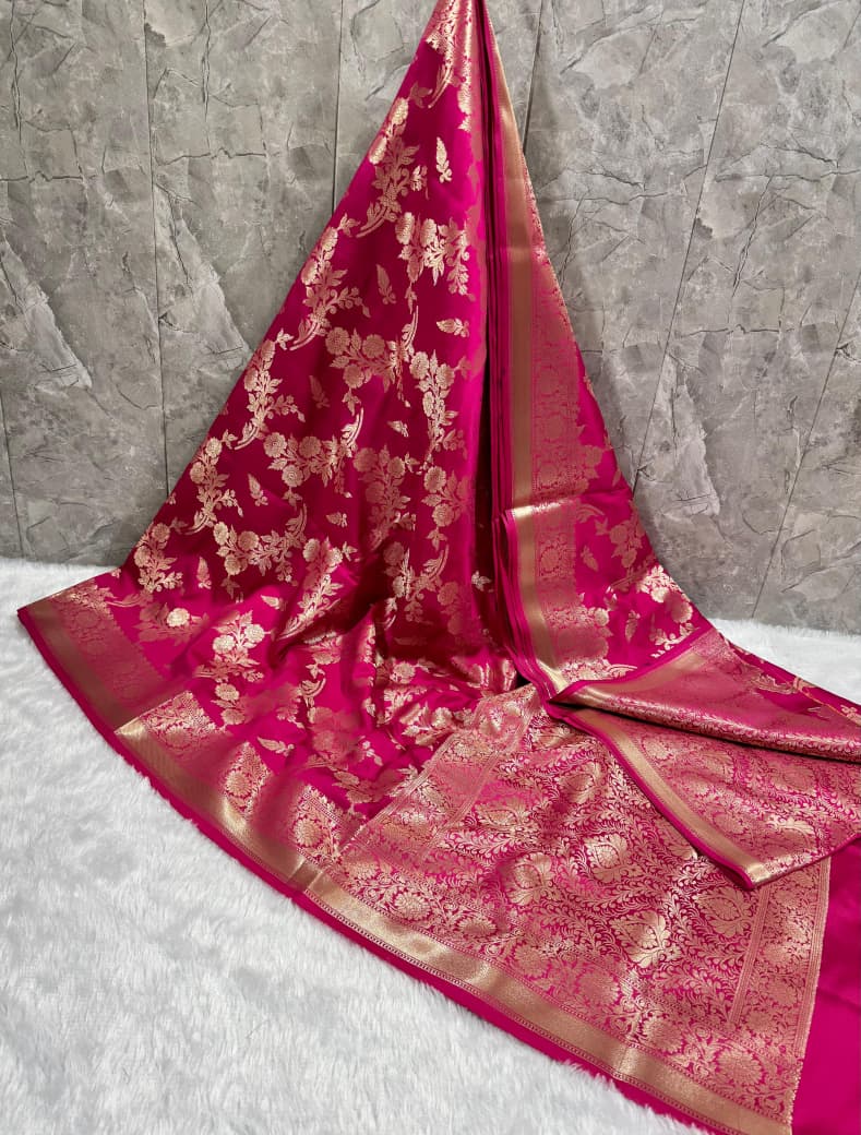 SAREEN Hot Pink Mashru Silk Banarasi Saree with Heavy Gold Zari Work