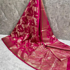 SAREEN Hot Pink Mashru Silk Banarasi Saree with Heavy Gold Zari Work