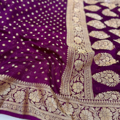 SAREEN Royal Purple Georgette Silk Saree with Gold Zari Butti & Heavy Woven Border