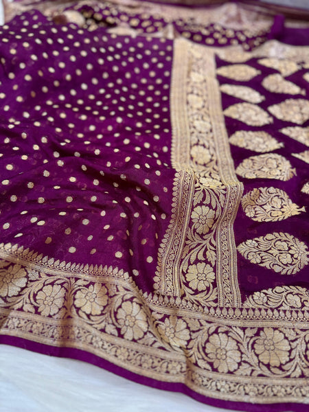 SAREEN Royal Purple Georgette Silk Saree with Gold Zari Butti & Heavy Woven Border