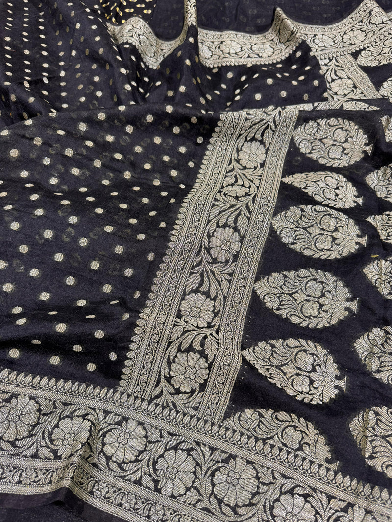 SAREEN Black Banarasi Silk Saree with Silver Zari Border
