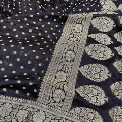 SAREEN Black Banarasi Silk Saree with Silver Zari Border