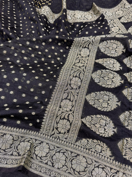 SAREEN Black Banarasi Silk Saree with Silver Zari Border