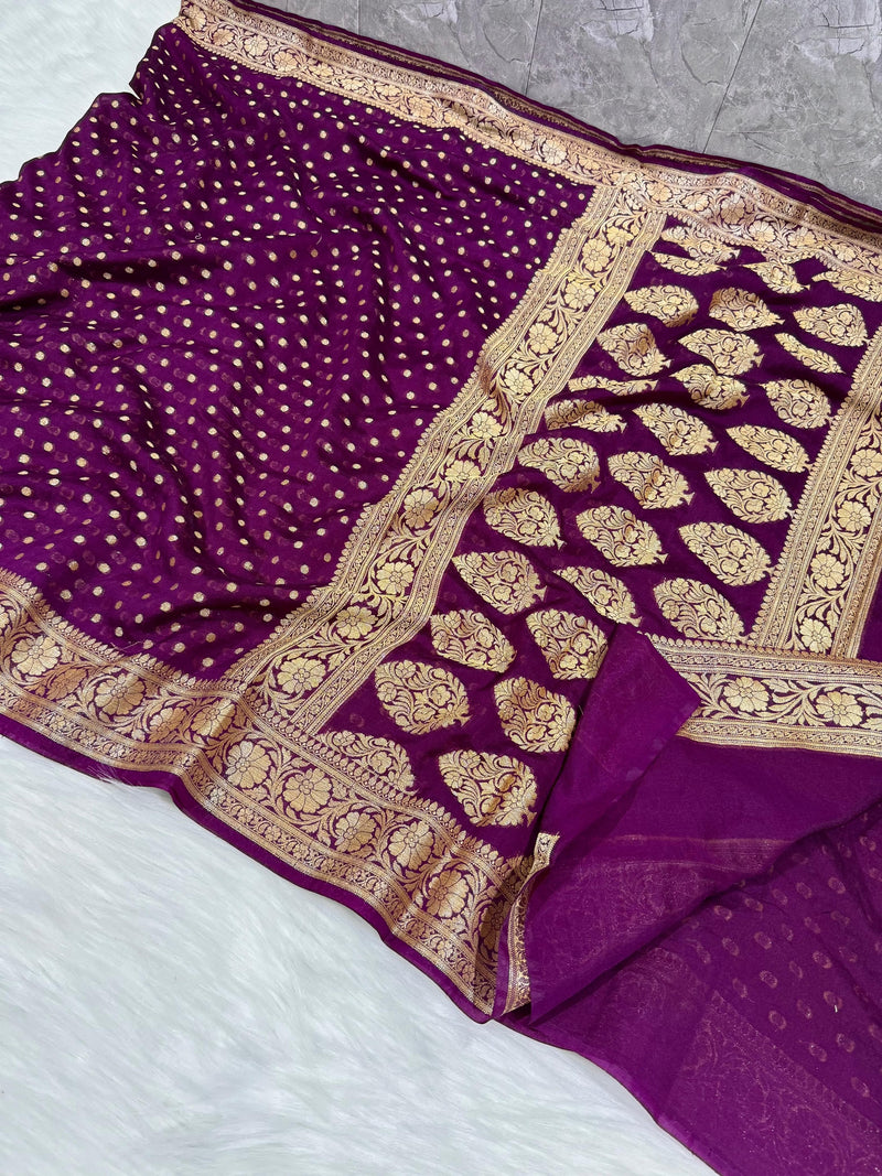 SAREEN Royal Purple Georgette Silk Saree with Gold Zari Butti & Heavy Woven Border