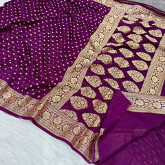 SAREEN Royal Purple Georgette Silk Saree with Gold Zari Butti & Heavy Woven Border