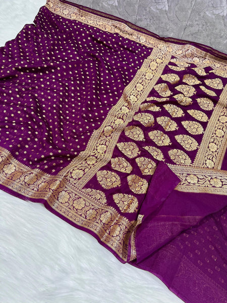SAREEN Royal Purple Georgette Silk Saree with Gold Zari Butti & Heavy Woven Border